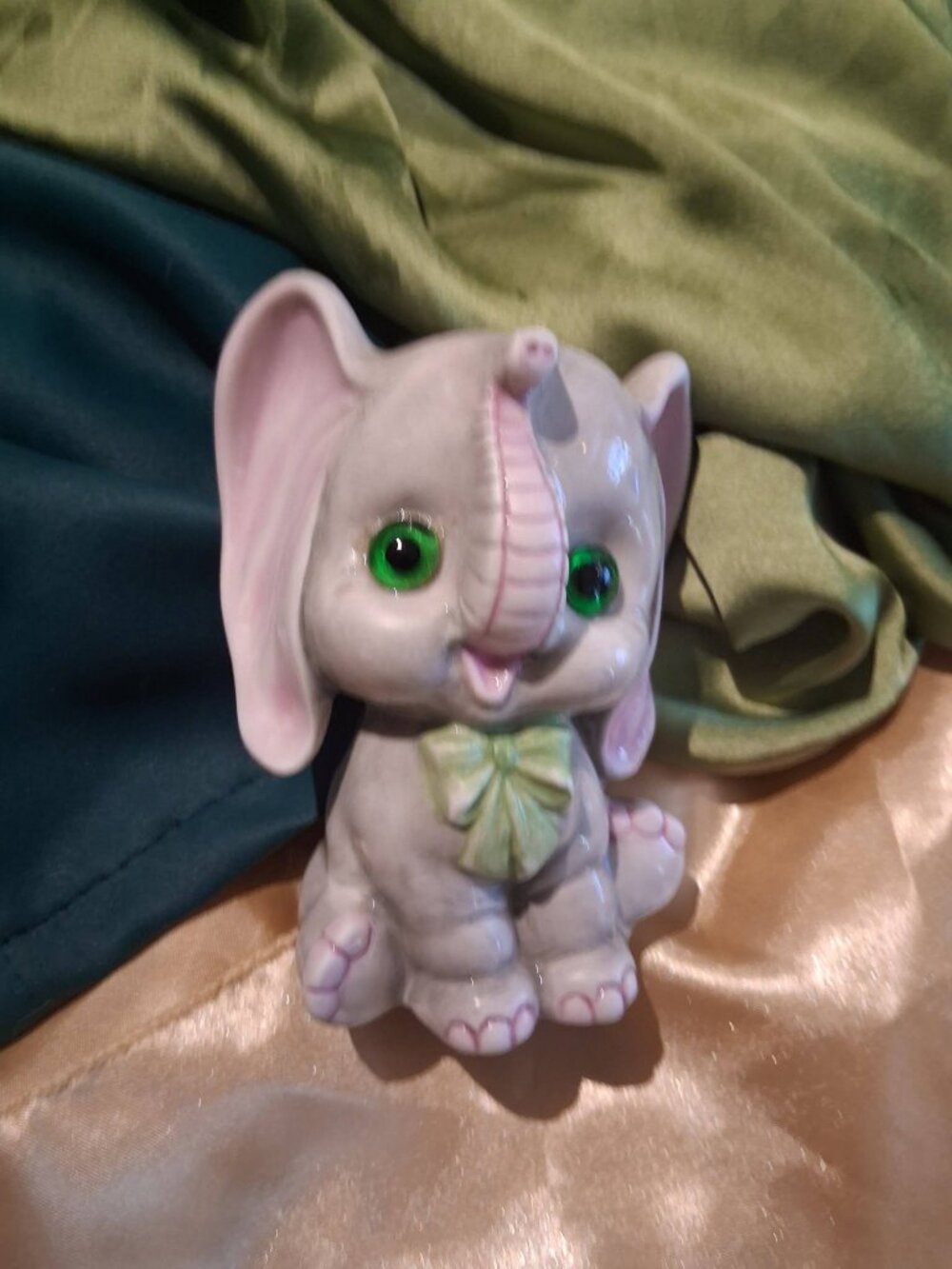 Vintage 1960s Ceramic Baby Elephant Figurine Big Eyes Green Bow Tie